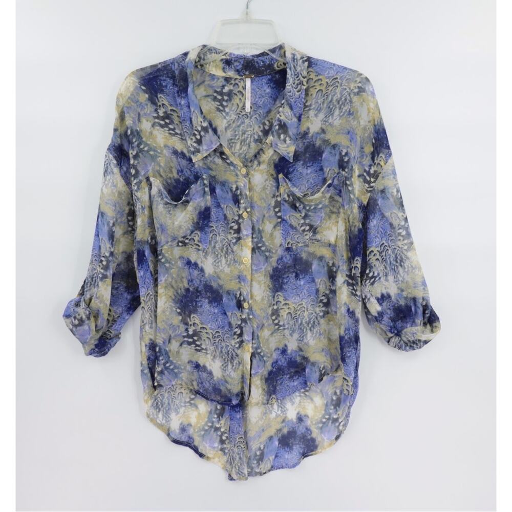 Free People Sheer Top Small Pastel Purple Abstract Roll‎ Tab Sleeve Boho Chic